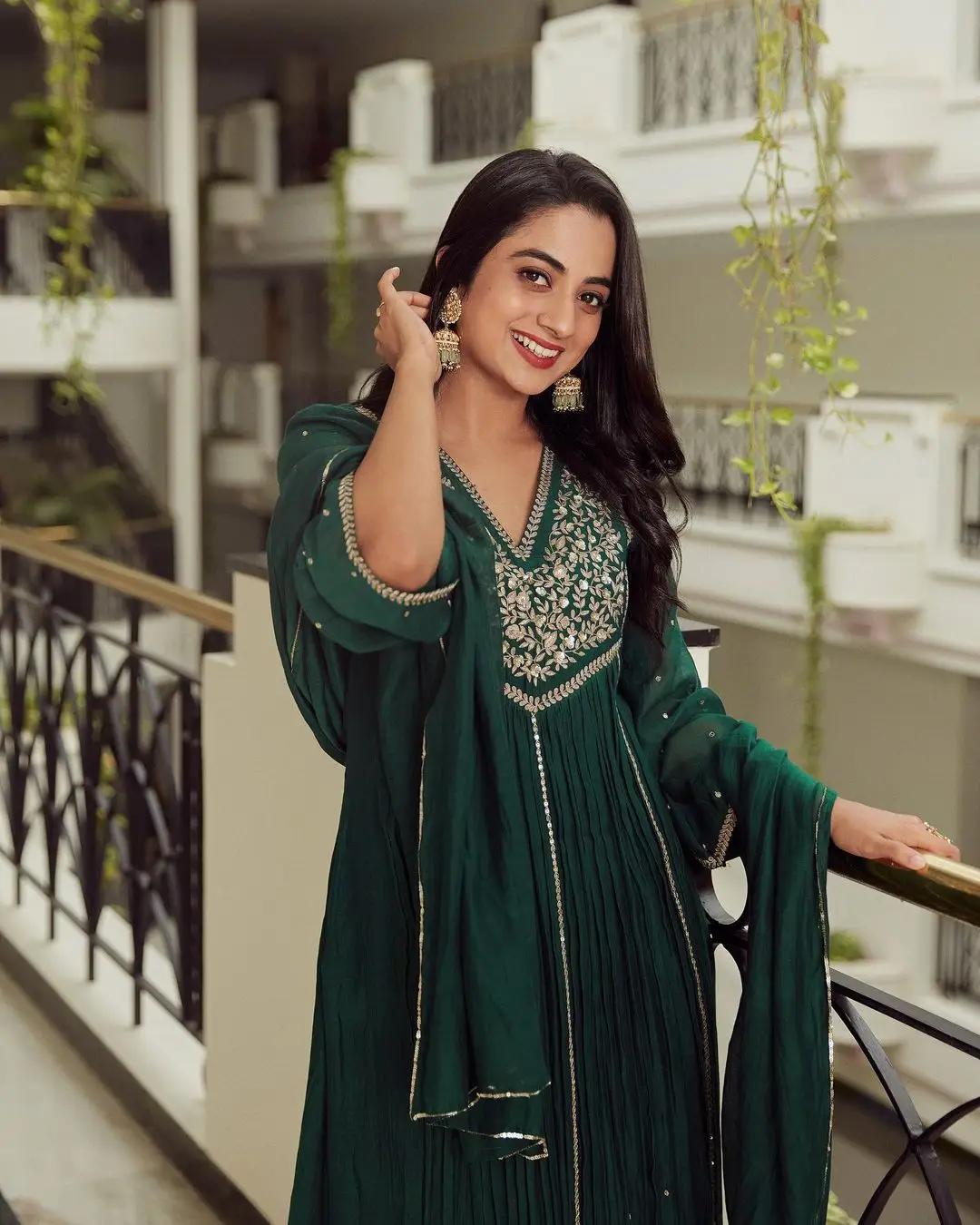 Namitha Pramod Wearing Beautiful Earring Designer Green Dress